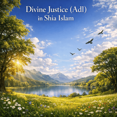 Illustration explaining Divine Justice in Shia Islam with balanced scales and Islamic calligraphy