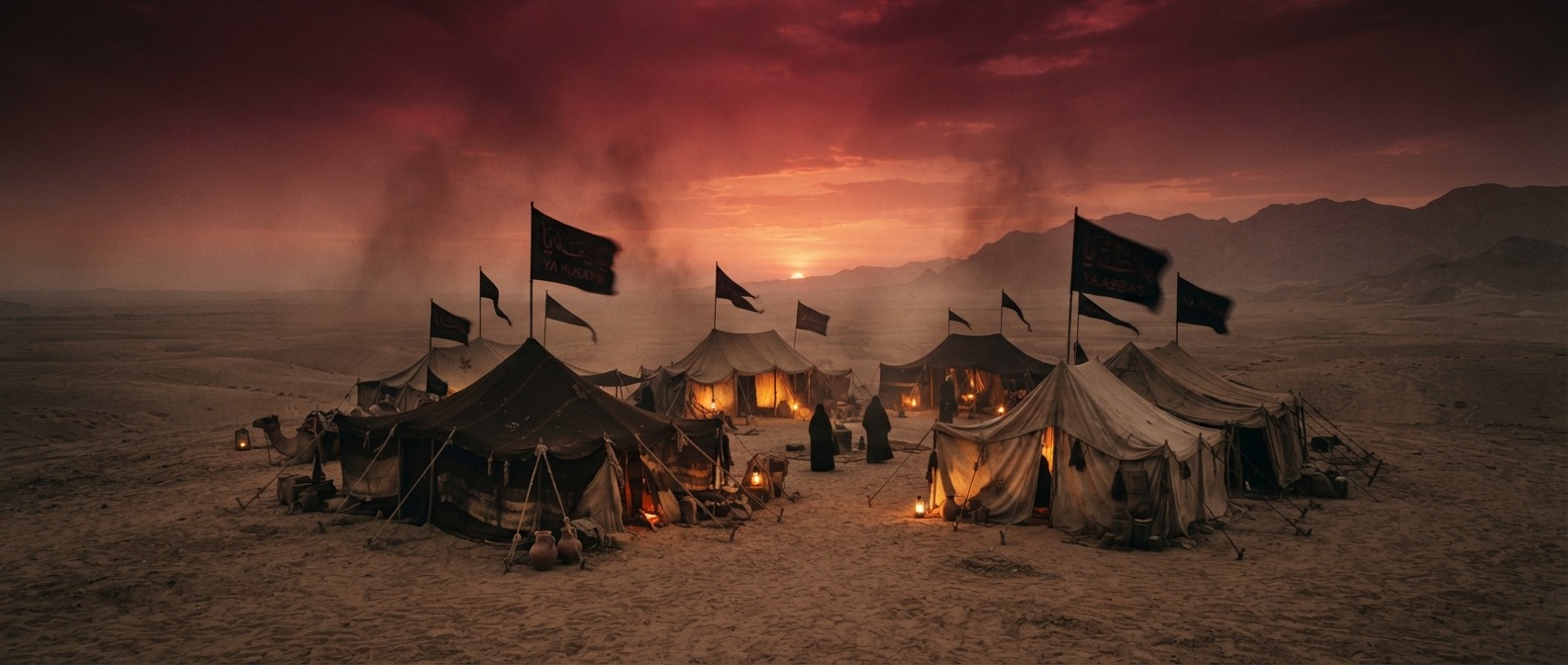 Historical illustration of the Battle of Karbala with Imam Husayn's caravan in the desert