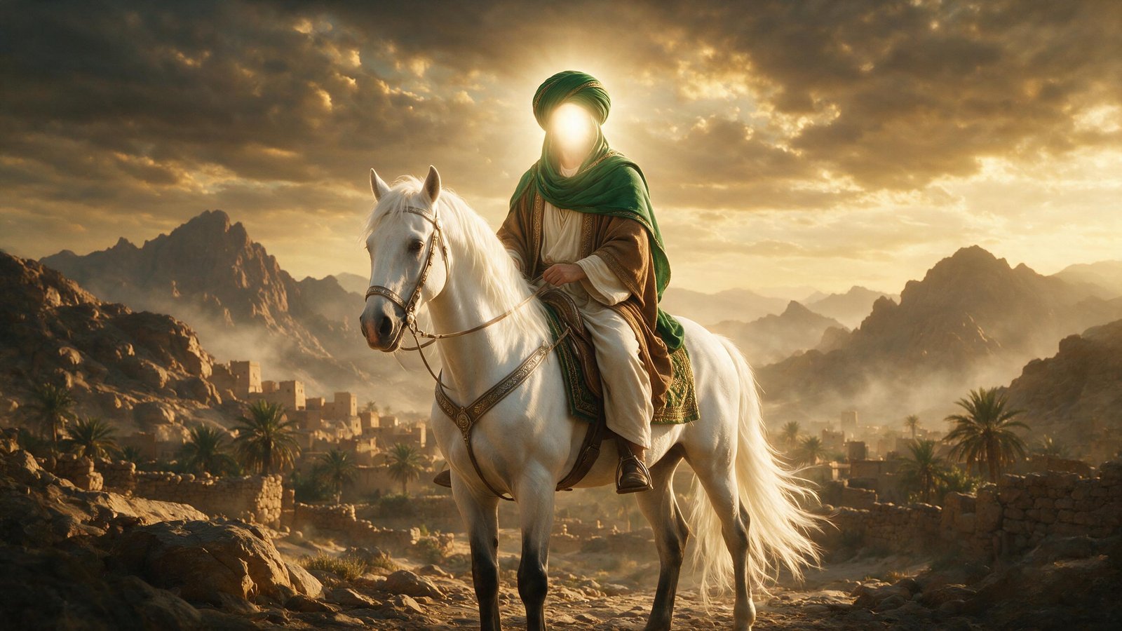 Portrait illustration of Imam Hasan ibn Ali with references to his lineage, peace treaty, and legacy as the second Shia Imam