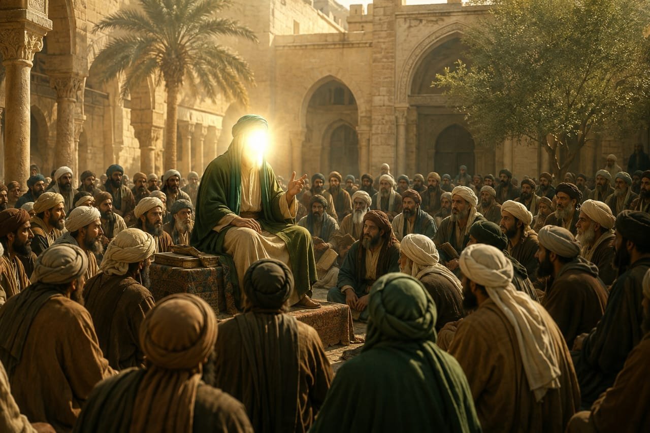 Illustration of Imam Ja'far al-Sadiq in Medina, representing his scholarship, teaching, and legacy as the sixth Shia Imam