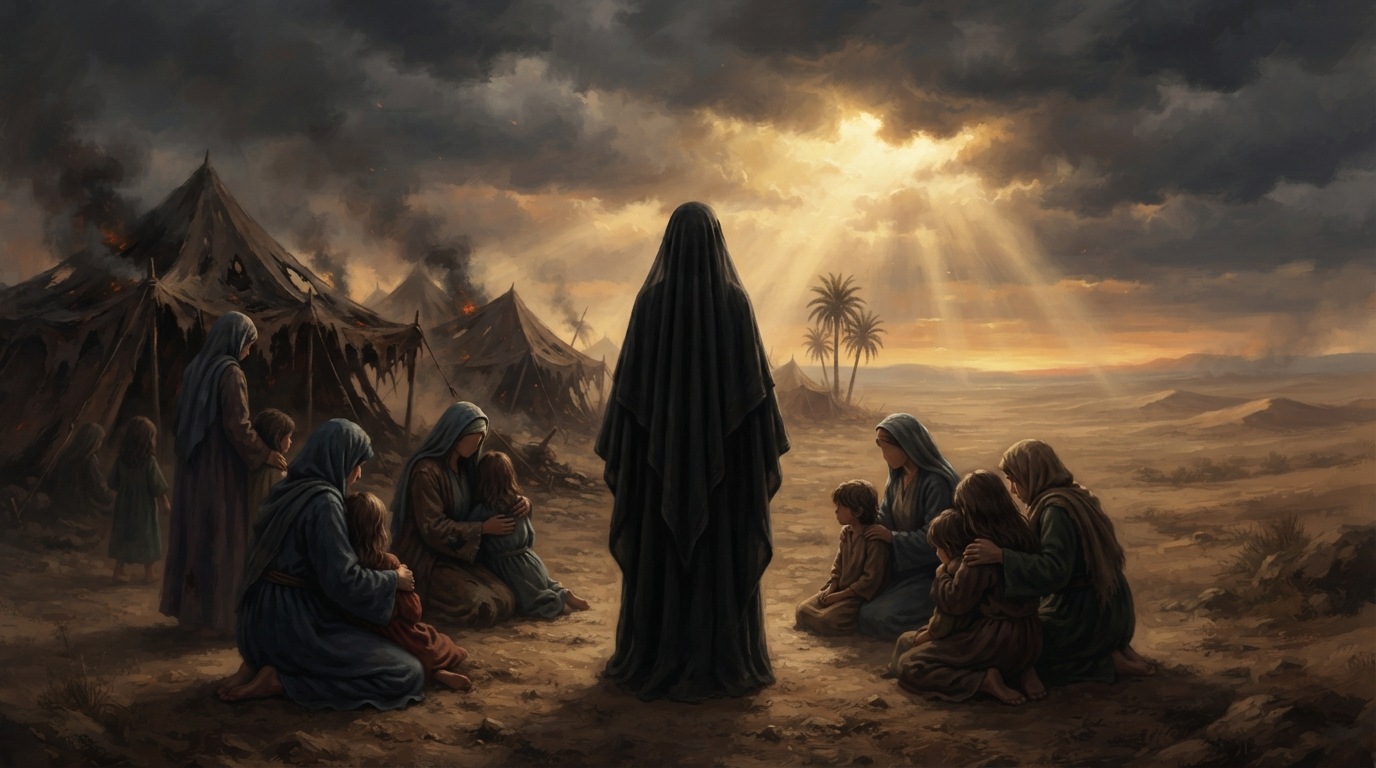 Respectful historical illustration of Lady Zaynab with Karbala imagery, Islamic calligraphy, and a solemn emotional tone