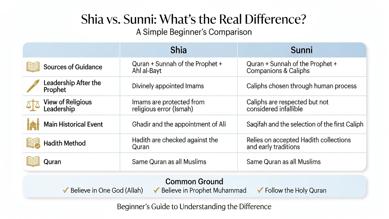 Simple comparison of Shia and Sunni Islam showing leadership, Quran, Hadith, and the Ahl al-Bayt