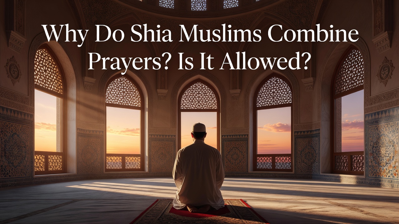 Shia Muslim praying Zuhr and Asr together in a peaceful mosque setting