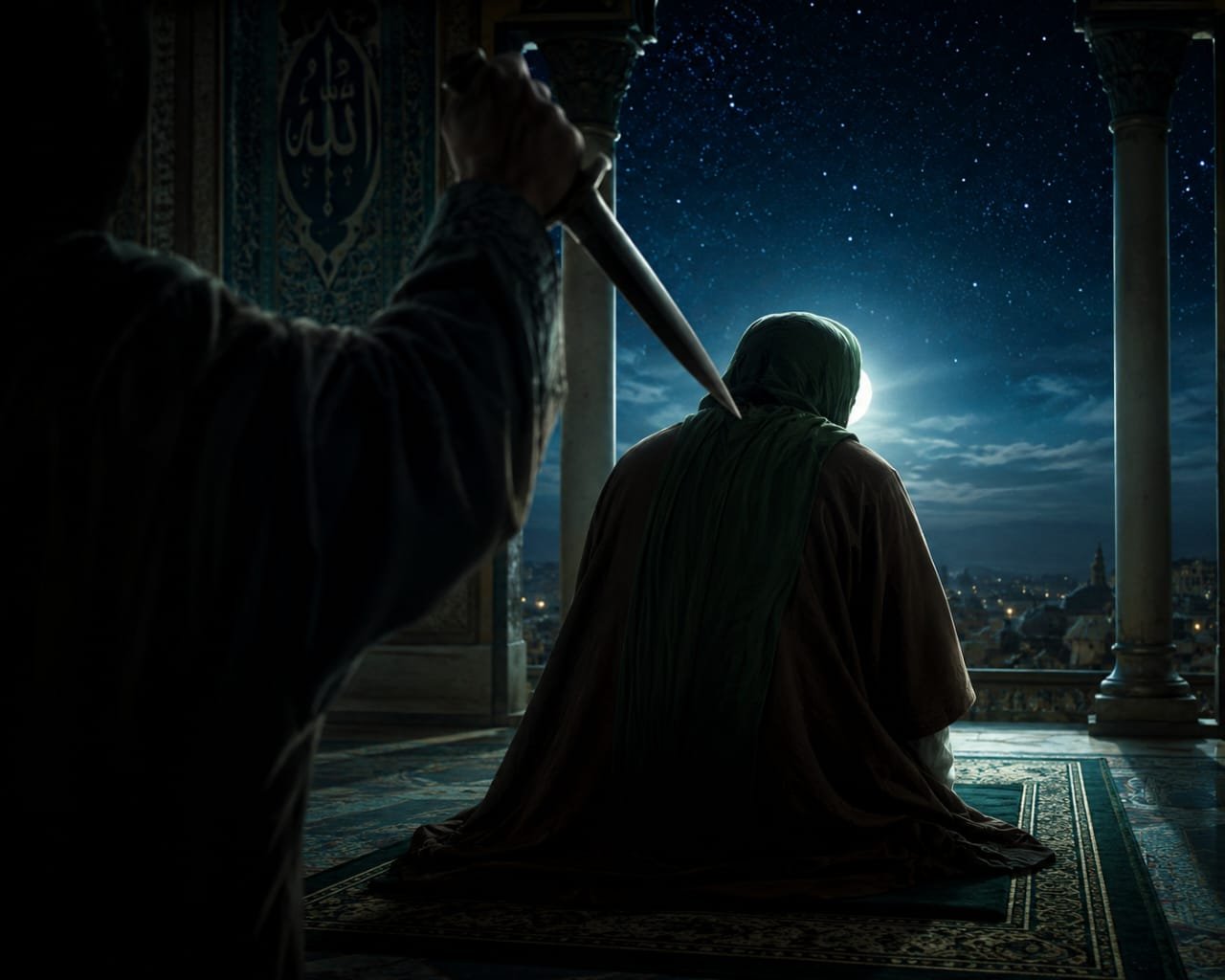 Imam Ali praying in the mosque of Kufa before his martyrdom