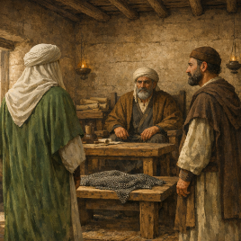 Imam Ali standing before Judge Shurayh in the Kufa court during the armor dispute
