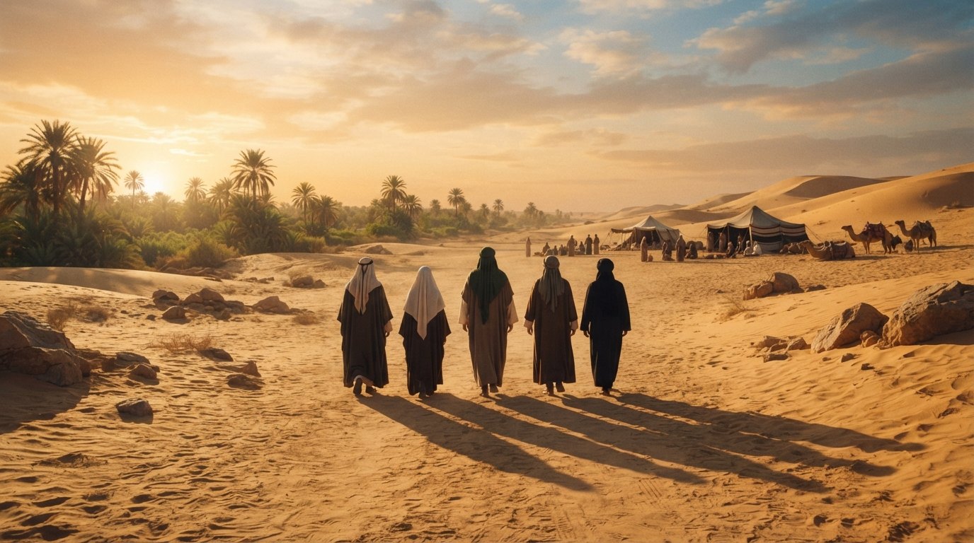 Prophet Muhammad (S) with Imam Ali, Lady Fatimah, Imam Hasan, and Imam Husayn at the event of Mubahalah
