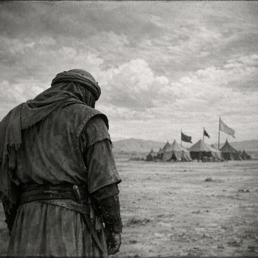 Hurr bin Yazid al-Riyahi standing before Imam Husayn on the road to Karbala